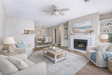 A living room with a fireplace and a painting of a beach scene on the wall.