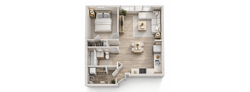 A top-down view of a small apartment with a bedroom, living room, kitchen, and laundry area.