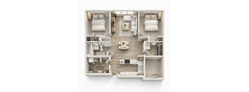 A top-down view of a modern apartment layout with two bedrooms, a living area, a kitchen, a laundry/storage area, and a closet.