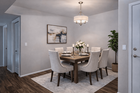 A dining room with a wooden table and chairs.