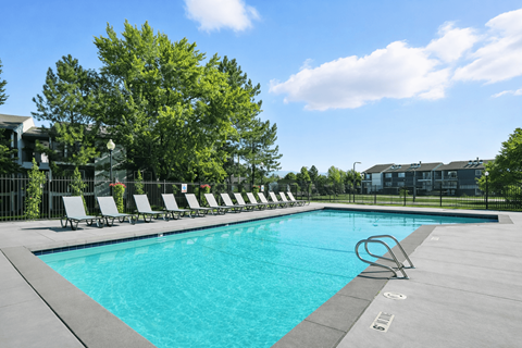A swimming pool surrounded by trees and chairs.