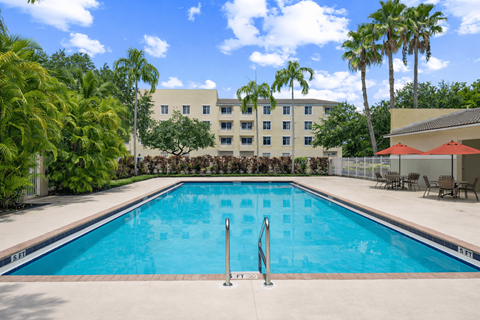A large swimming pool in front of a building with palm trees.
