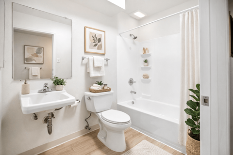 A white bathroom with a toilet, sink, and bathtub.