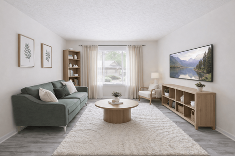 A living room with a green couch, a coffee table, a bookshelf, and a large painting on the wall.