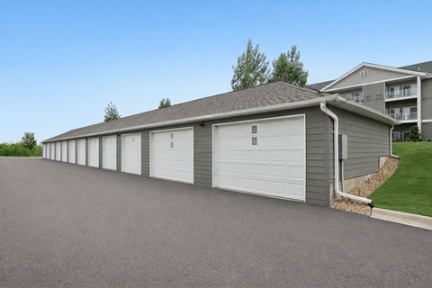 Detached garage units with private parking spaces at Lake Ridge Apartments, Minnesota, 55379