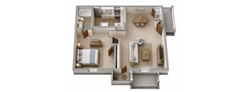 A 3D floor plan of a house with a kitchen, living room, dining room, and two bedrooms.
