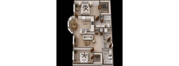 A 3D floor plan of a house showing a master suite, living room, kitchen, and bathroom.