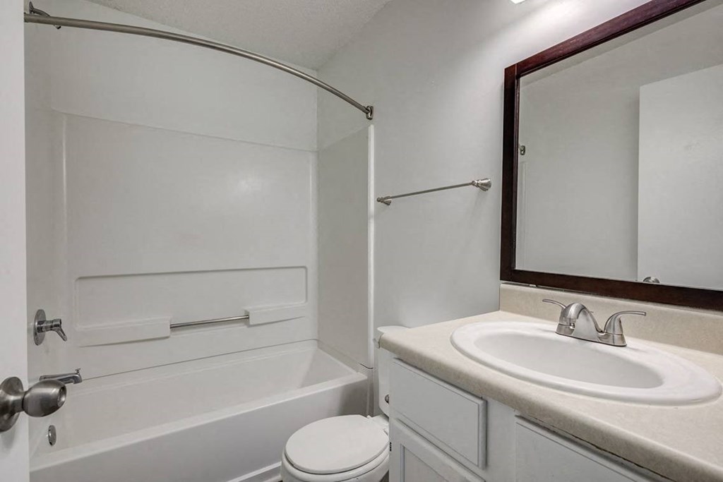 a bathroom with a sink and a bath tub and a mirror