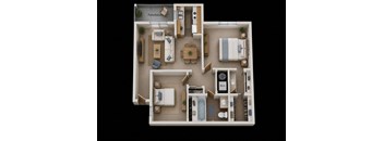 A floor plan of a small apartment with a living room, kitchen, and bathroom.