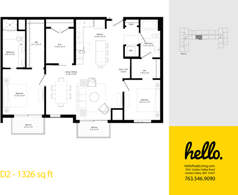 D2 Floor Plan at Hello Apartments, Minneapolis, Minnesota