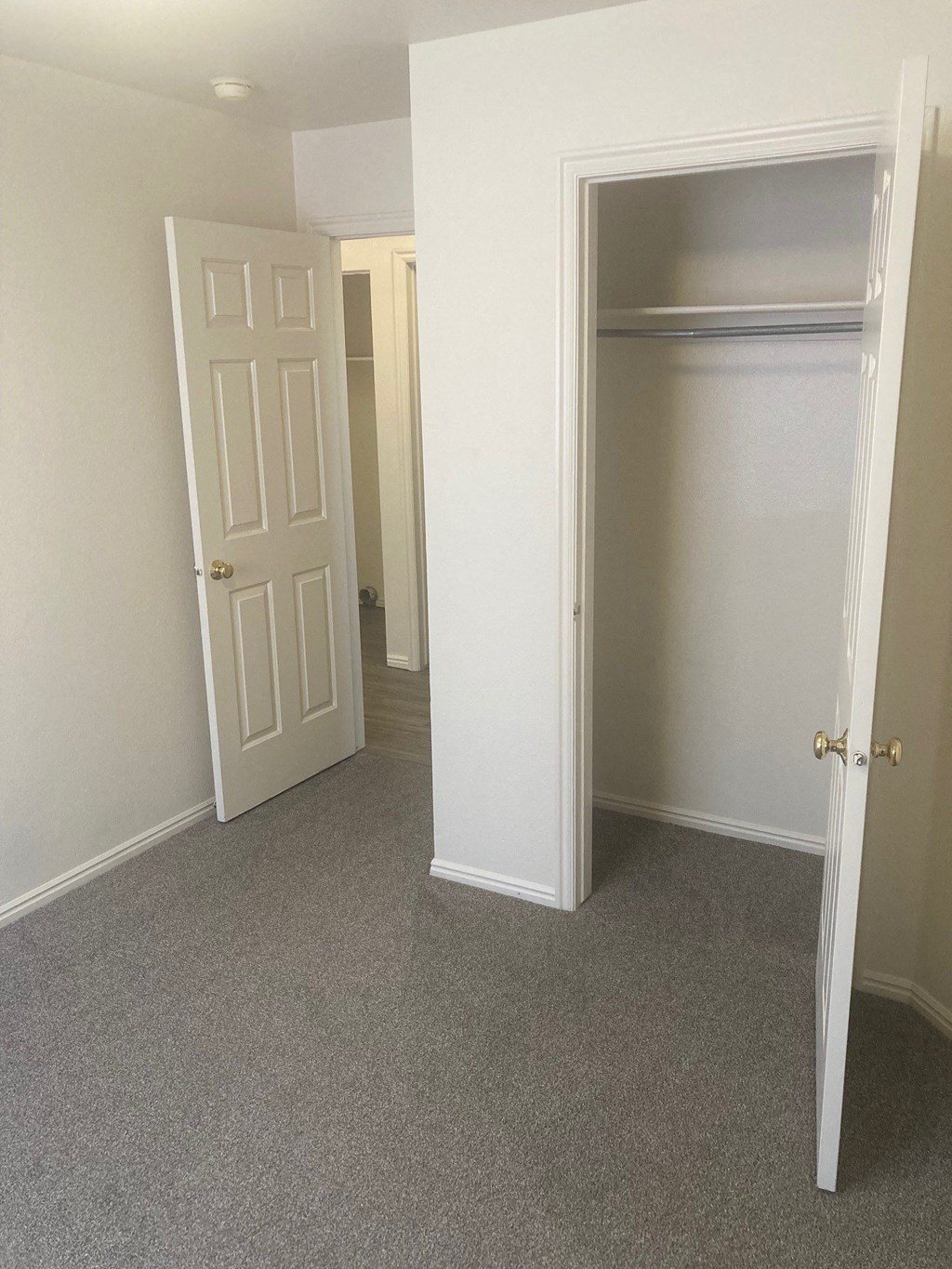 a bedroom with a closet and an open door