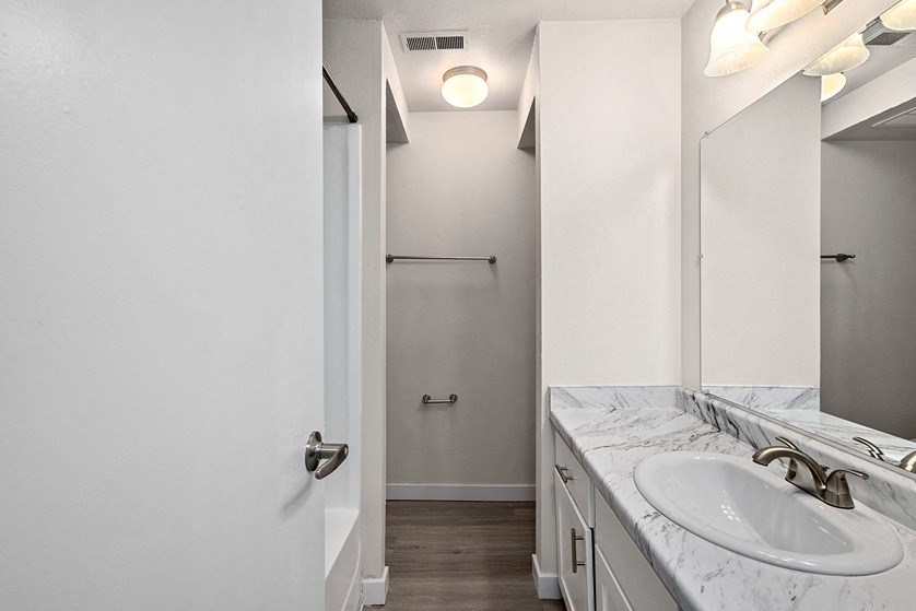 a bathroom with a sink and a mirror