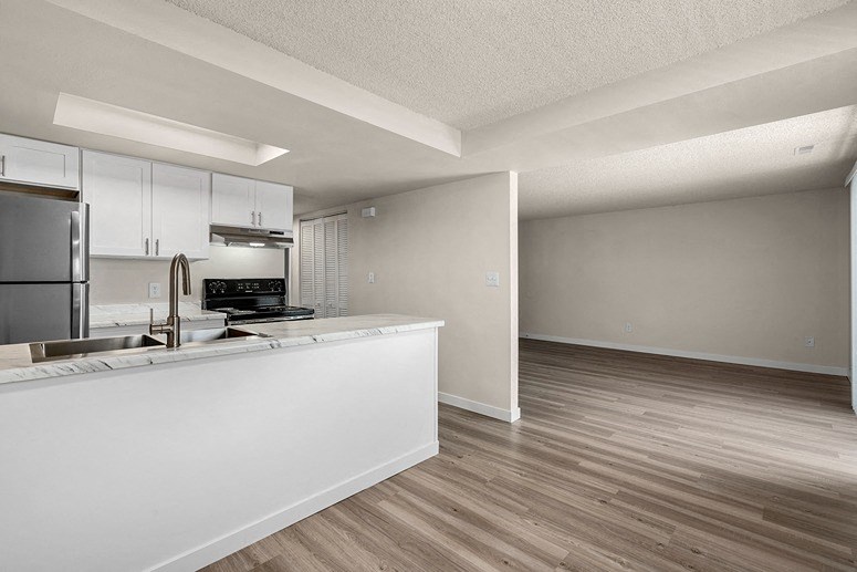 a kitchen and living room in an apartment