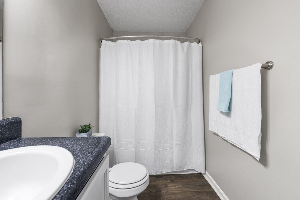 a bathroom with a white shower curtain and a sink and a toilet
