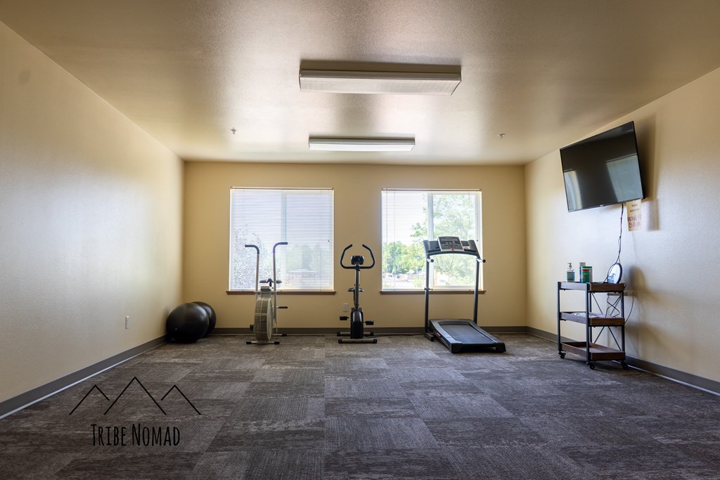 room with weights and cardio equipment in a room with a tv