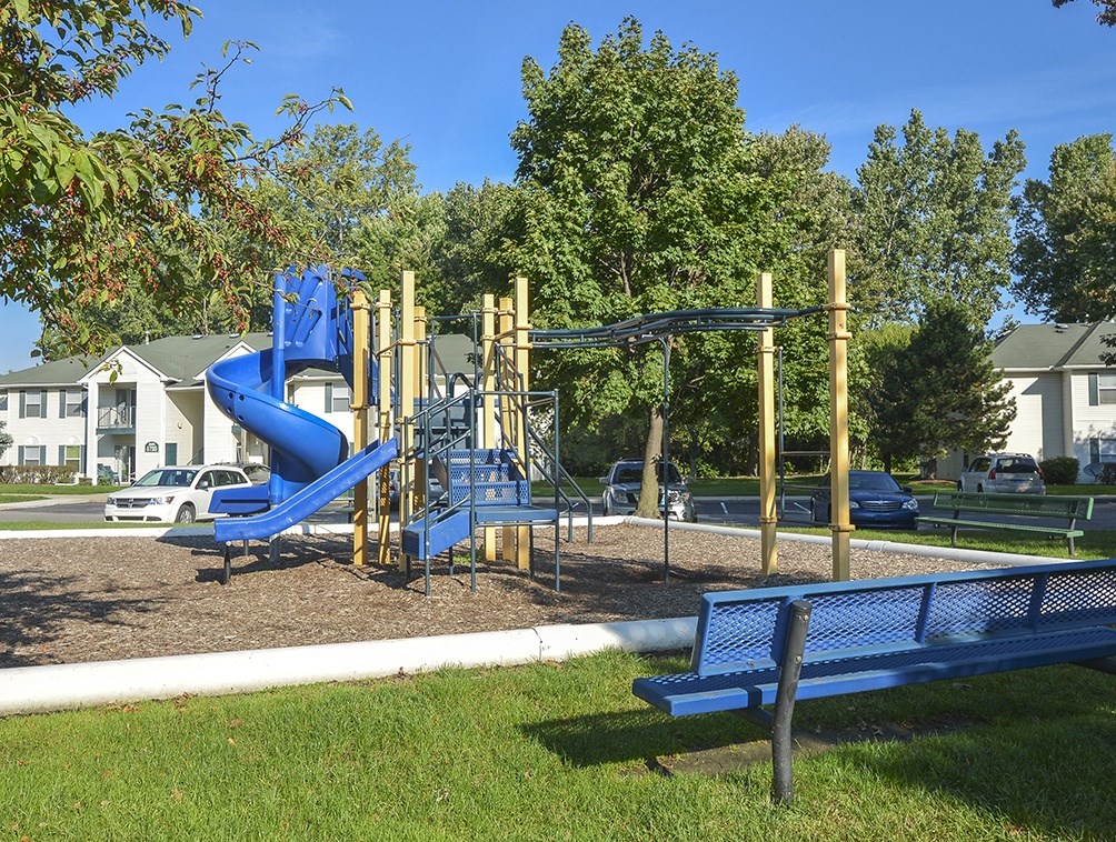 a playground with a blue slide in a park