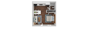 a 3d drawing of a bedroom with a living room and a bathroom