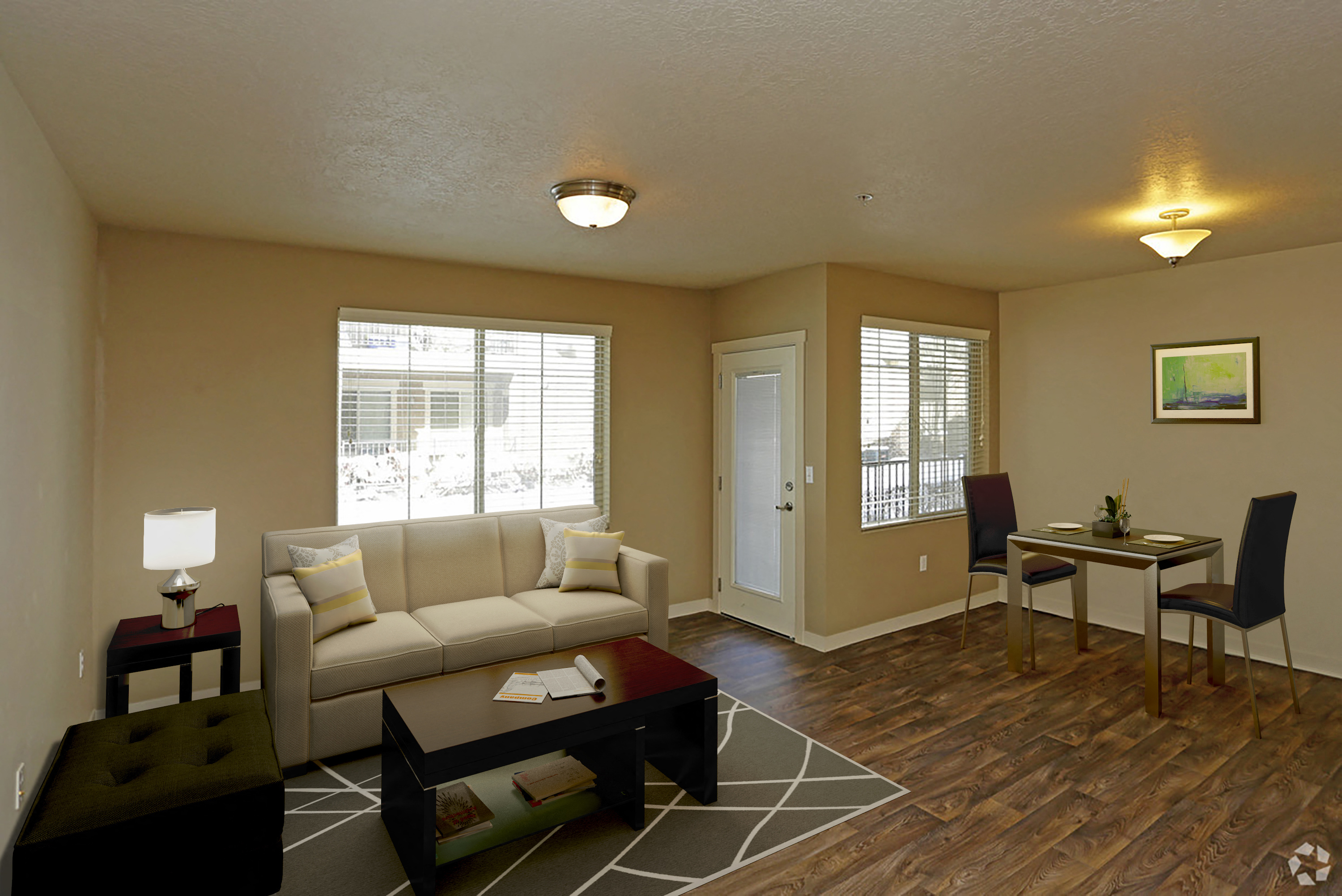 a living room with a couch and a table