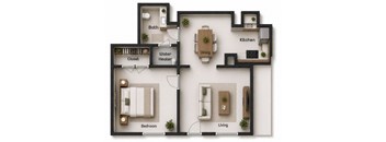 A diagram of a house layout with labeled rooms such as Bath, Kitchen, Dining, Bedroom, Closet, and Living.