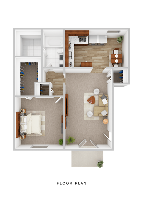A floor plan of a house with two bedrooms, a living room, a kitchen, and a bathroom.