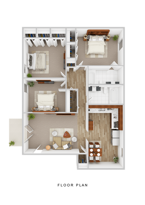 A floor plan of a house with a living room, dining room, kitchen, and bedrooms.
