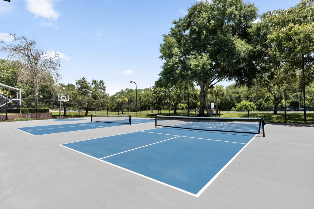 two tennis courts with trees in the background on a sunny day