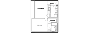a floor plan of a small house with a living room and a kitchen