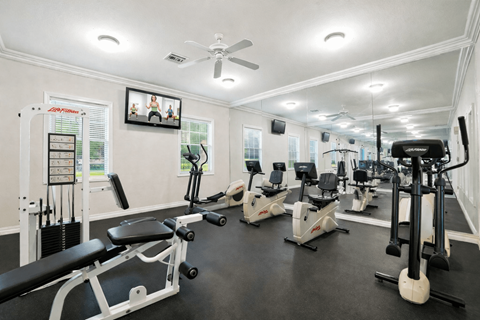 A spacious home gym with a variety of exercise equipment.