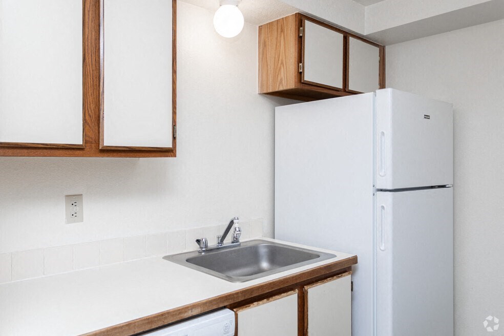 a kitchen with a sink and a refrigerator