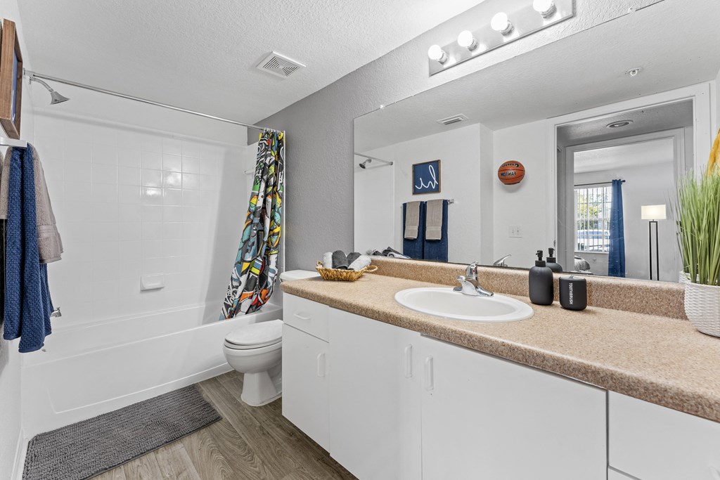 a bathroom with a large mirror and a sink and a toilet