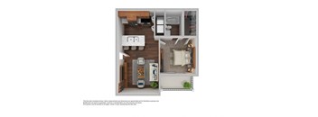 a stylized 3d floor plan with a bedroom and living room