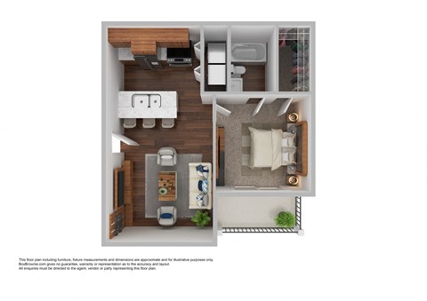 a stylized 3d floor plan with a bedroom and living room