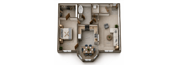 A 3D floor plan of a house with a kitchen, living room, dining room, and bathroom.