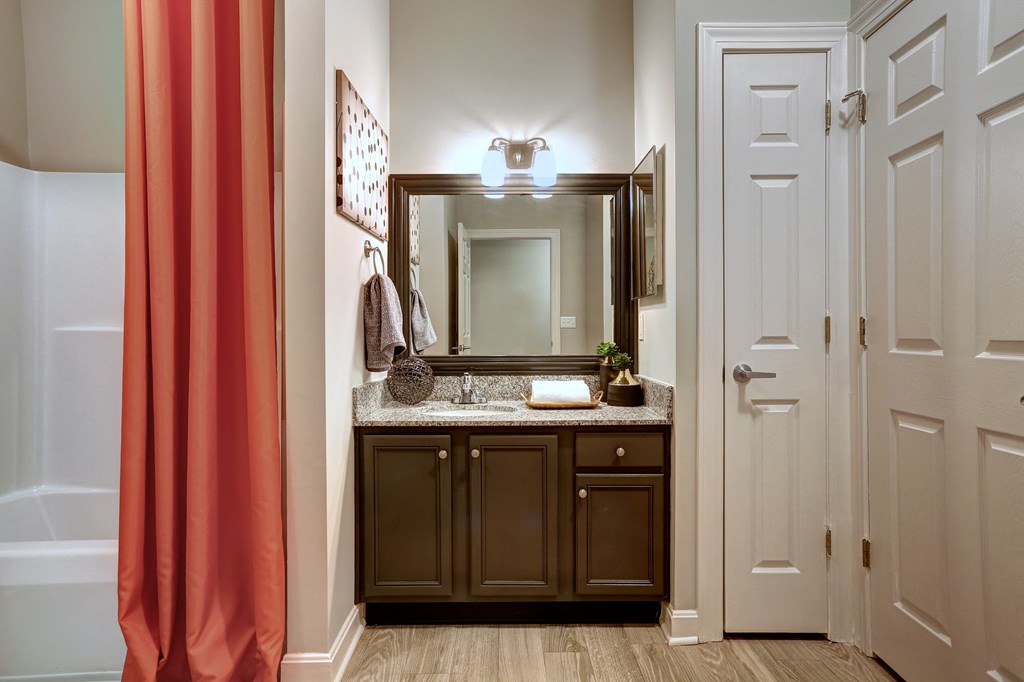 a bathroom with a sink and a mirror and a red curtain