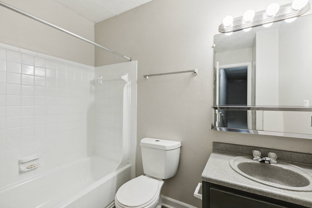 a bathroom with a toilet sink and shower and a mirror