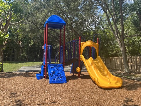 a playground with a yellow and blue slide