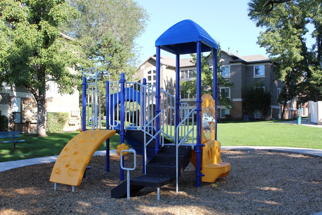 a playground with a blue playset and a yellow slide