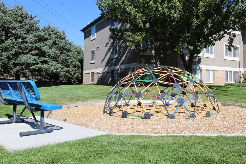a playground in a yard in front of a house with a tree and a chair