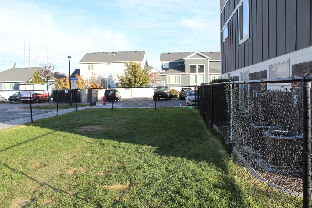 a yard with a chain link fence in front of a building