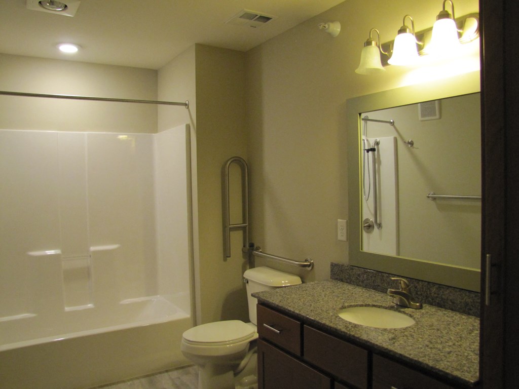a bathroom with a shower toilet and sink and a mirror