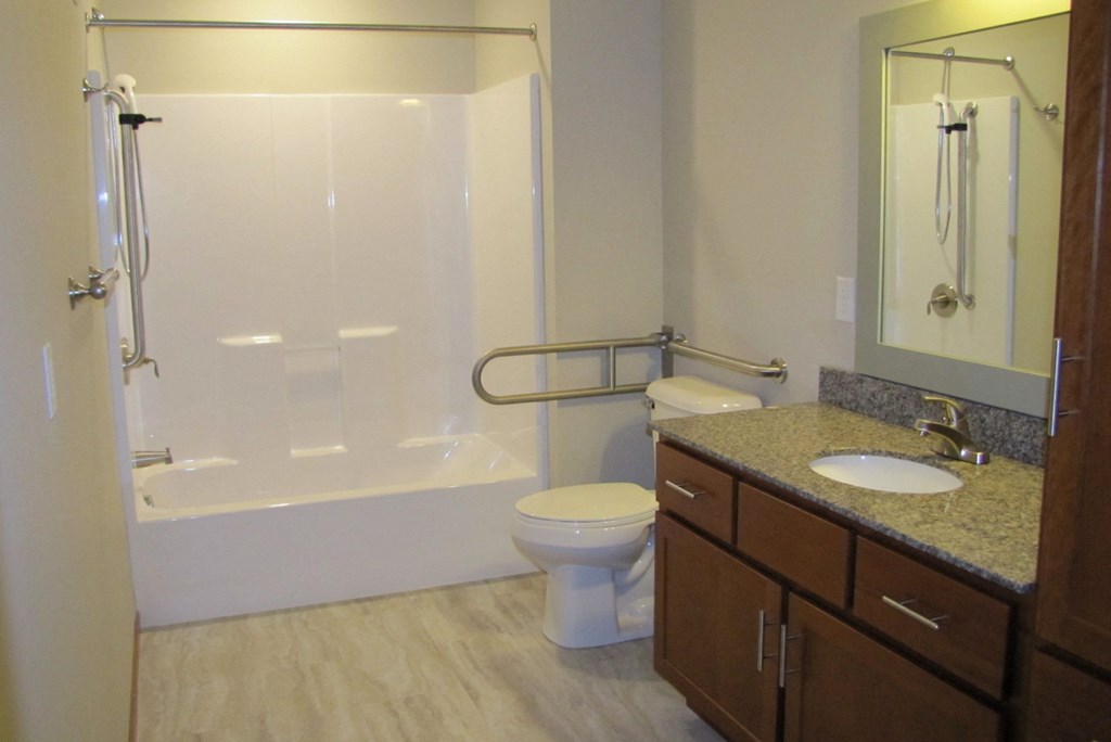 a bathroom with a shower toilet and sink