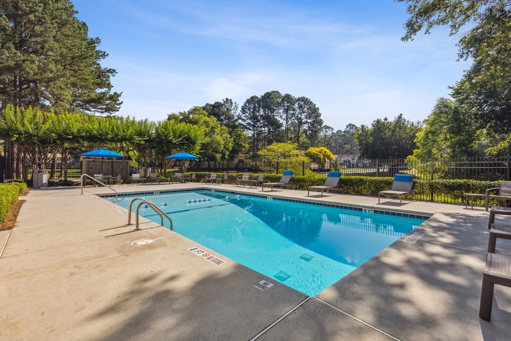 A large outdoor swimming pool surrounded by trees and lounge chairs.