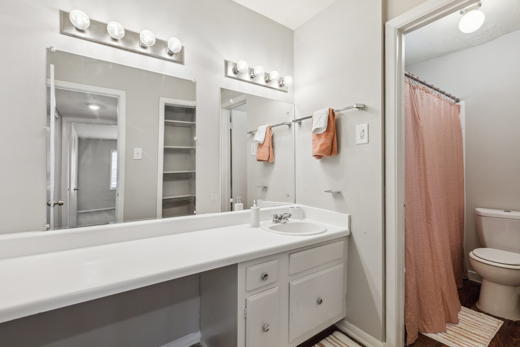 a bathroom with a large mirror and a sink and a toilet