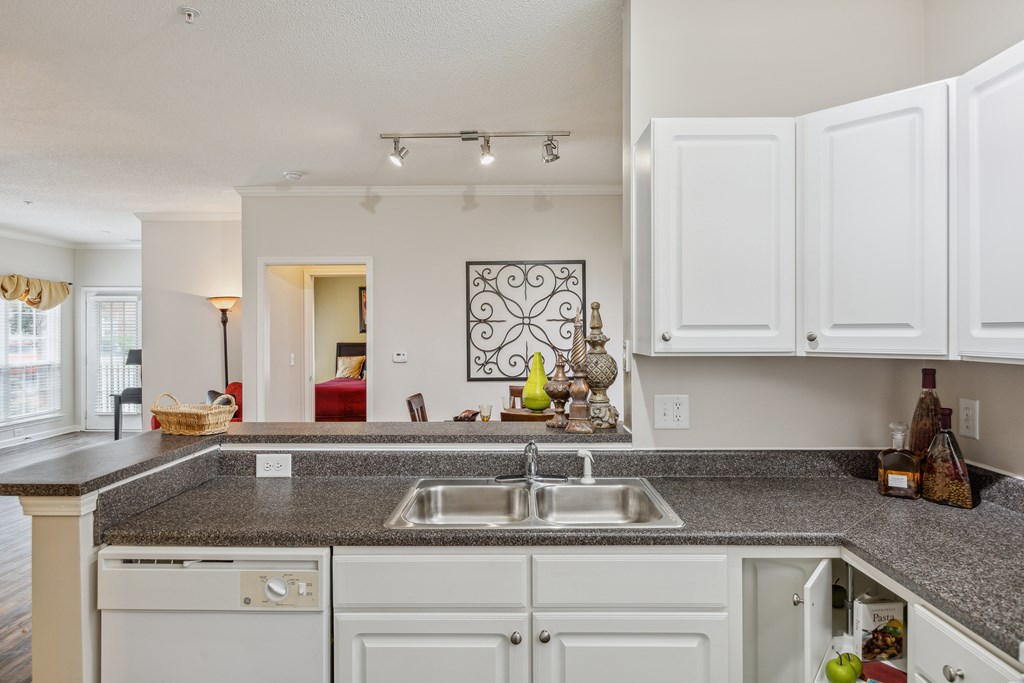 a kitchen with white cabinets and granite counter tops and a sink