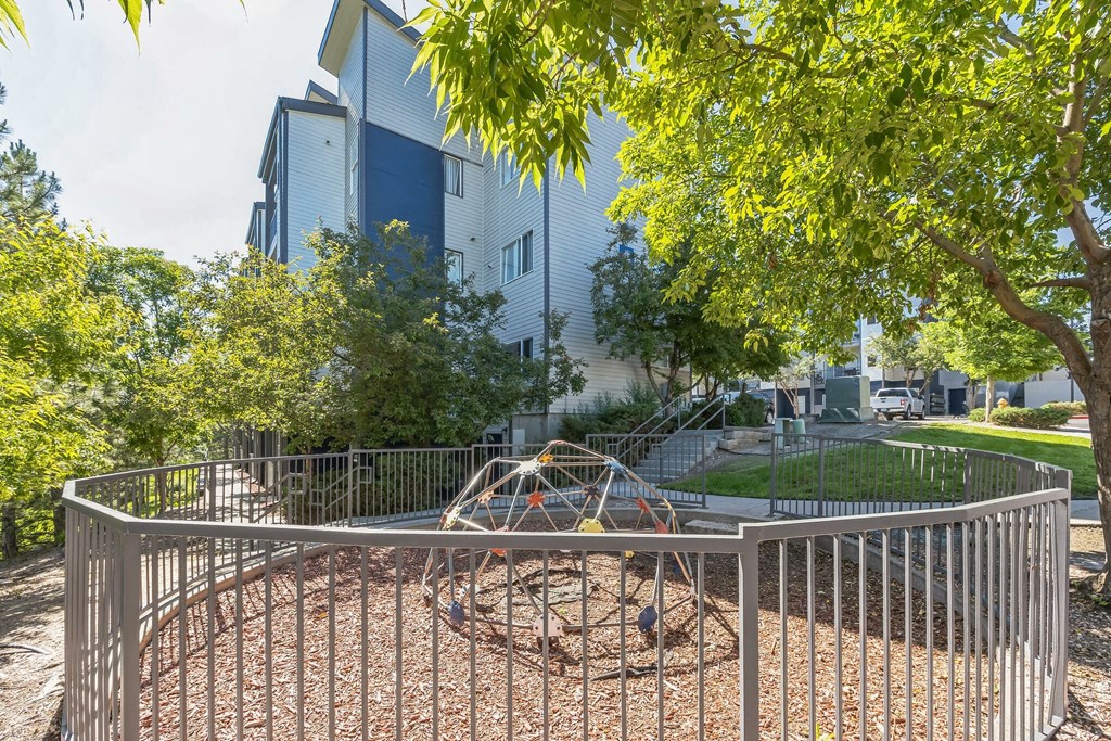 the preserve at ballantyne commons playground in front of a blue building with trees