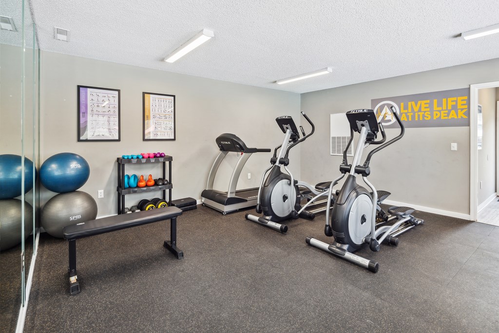 two exercise bikes in a gym with weights and balls