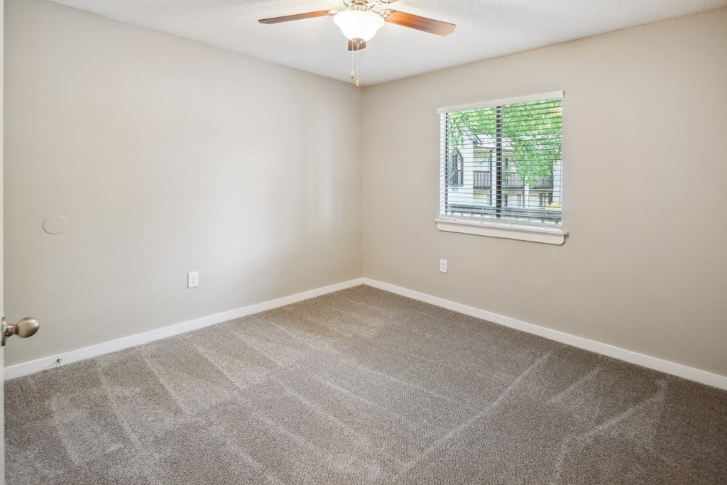 an empty living room with carpet and a window