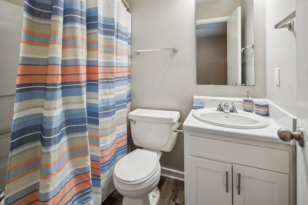 a bathroom with a shower and a toilet and a sink