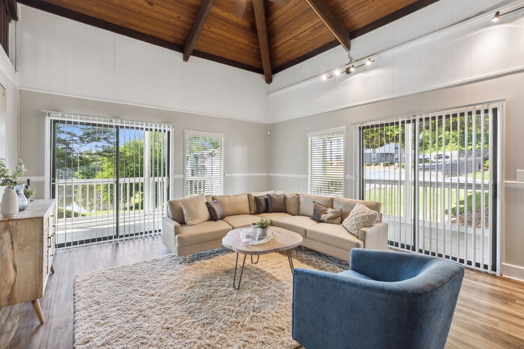a living room with a couch and chairs and a rug