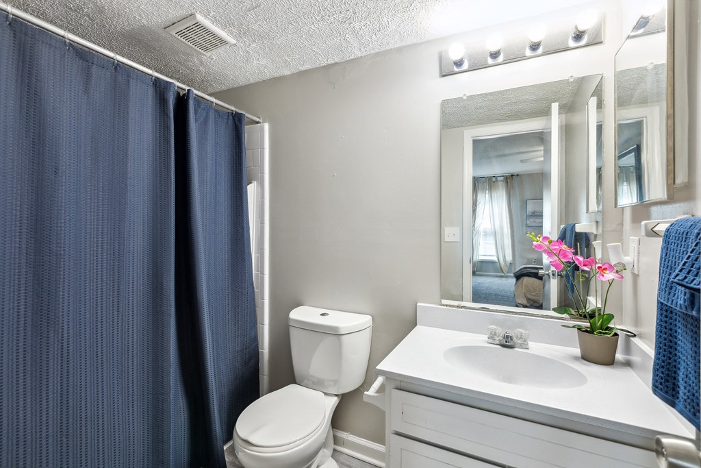 a bathroom with a blue shower curtain and a toilet and sink
